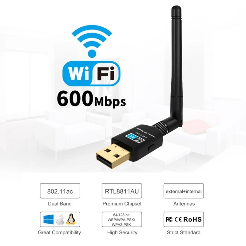 600 Мбит/с USB Wifi адаптер для рабочего стола Daul Band 2,4 ГГц/5 ГГц 433 Мбит/с 802,11 ac/a/b/g/n USB беспроводной сетевой адаптер для рабочего стола/