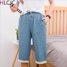 Весенне-летние женские штаны для сна Тонкий Чистый хлопок креп телячья длина домашние штаны с эластичной завязкой в талии кружева живые брюки