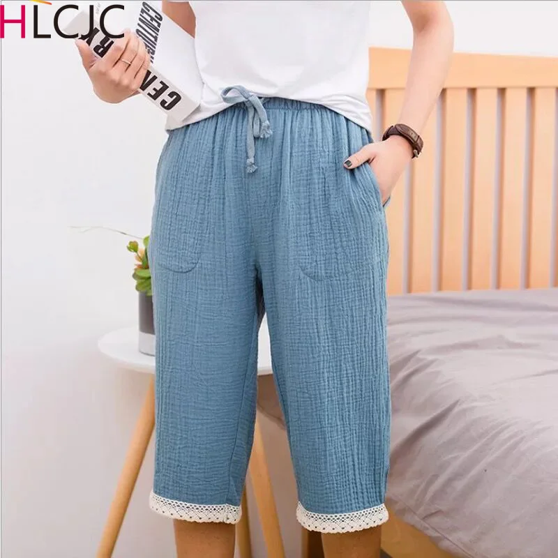

Spring Summer Female Sleeping Pants Thin Pure Cotton Crepe Calf-Length Home Pants Elastic Drawstring Waist Lace Living Pants