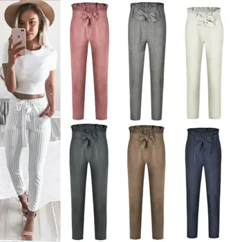 

Women High Waist Casual Drawstring Ankle-Length Ladies Pencil Striped Pants