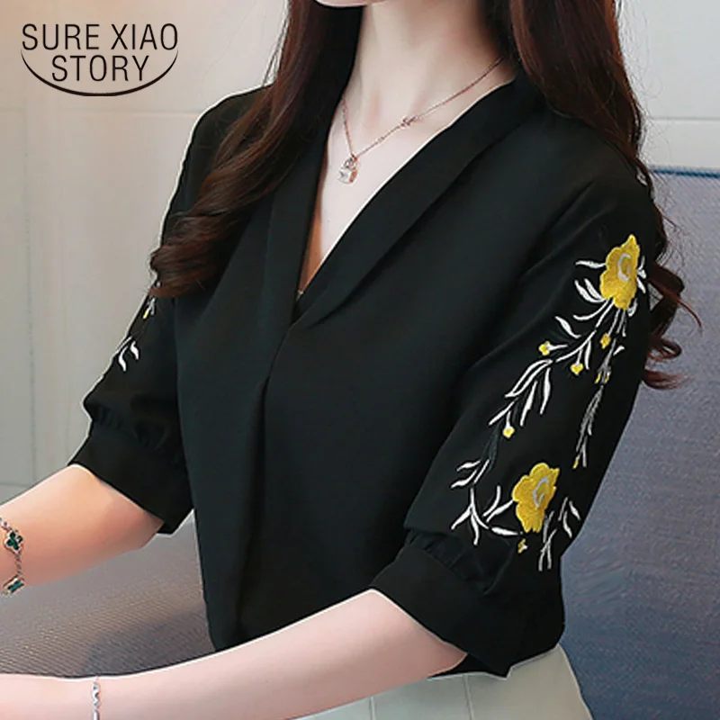 womens clothing women blouses 2019 floral embroidery chiffon blouse women v-neck office blouse short sleeve women shirts 2040 50