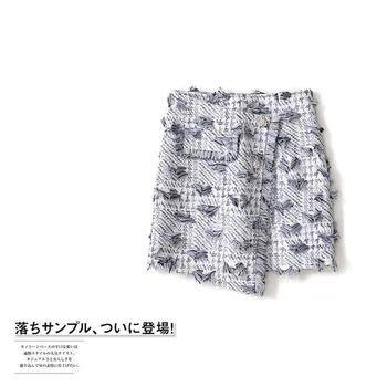 

Handmade Luxury Skirt for Women Fashion Vintage Tweed Empire Tassel Diamond Buttons Asymmetrical Skirt