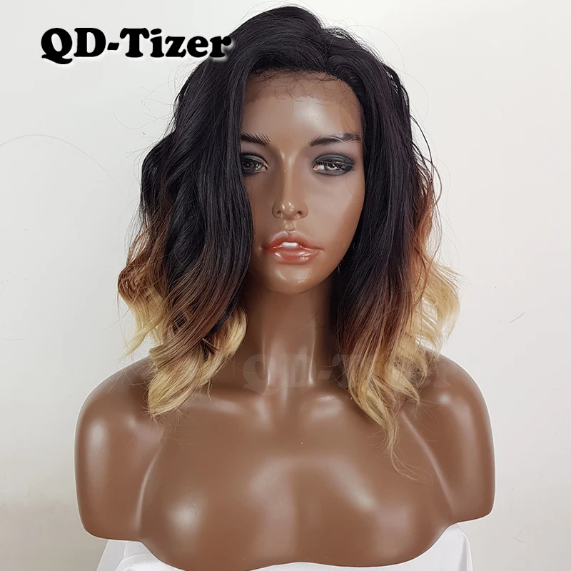 

QD-Tizer Short Ombre Brown Hair Synthetic Lace Front Wigs Glueless Lob Hair Free Part Blode Lace Wigs for Black Women
