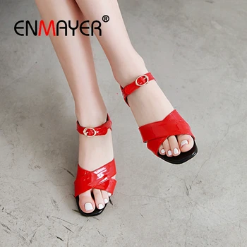 

ENMAYER 2019 New Arrival Woman Sandals Summer Basic Casual Buckle Strap High Heel Solid Women Shoes Size 34-43 LY2229