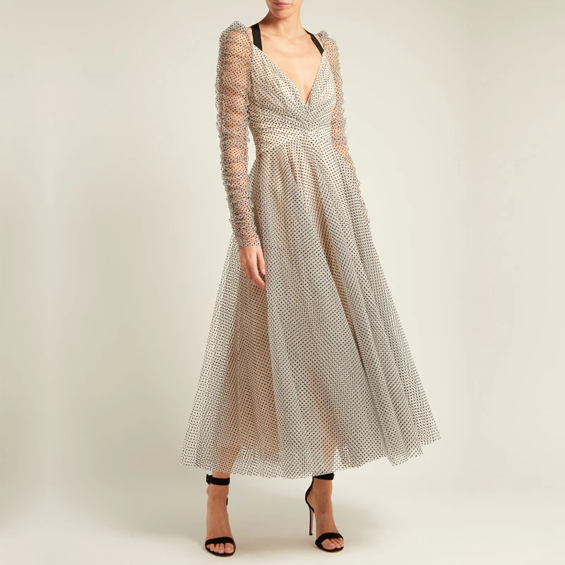 

2018 Deep V-neck Hanging neck Court princess wind Big umbrella Tempest Ballet polka-dot tulle dress Vintage