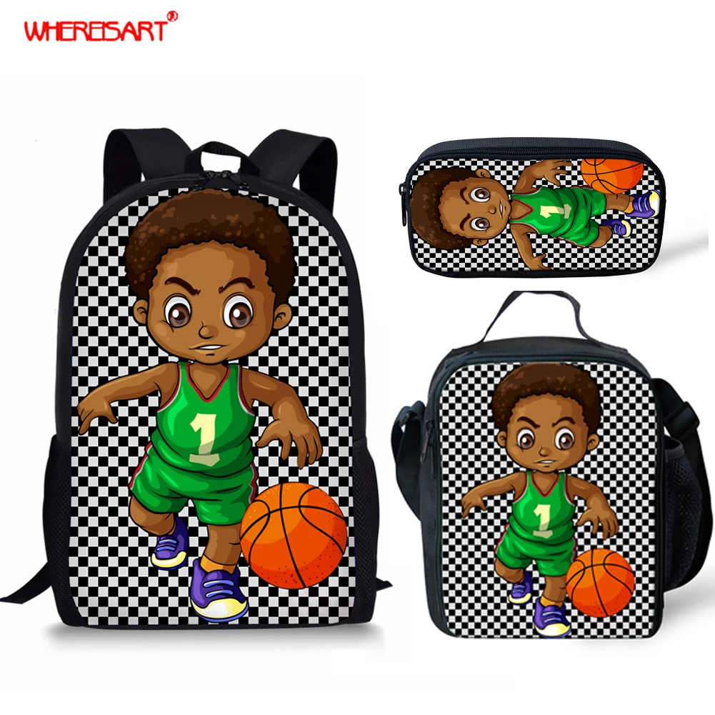 

WHEREISART 3pcs/Sets Children School Bags Set African Black Boys Kids Backpack Afro Soccer Art Student Elementary Schoolbags