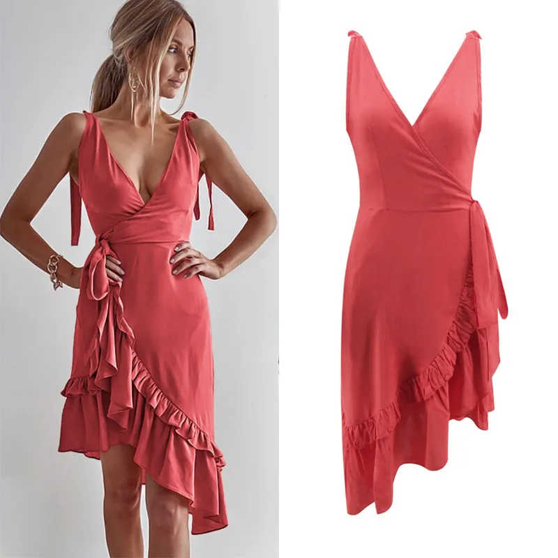 

New Fashion Women's Dress Summer Wild V-neck Ruffled Lrregular Dress Fashion Party Get Together Tourism Vacation Beach Dress