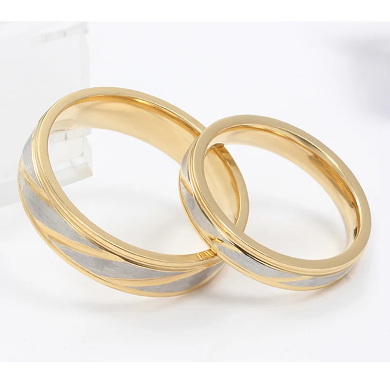 His and Her For Stainless Steel Diagonal Striped Gold Color Wedding Engagement Band Couple Ring Top Ring