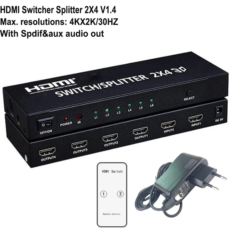 4K HDMI 2X2 переключатель разветвитель Матрица 2X4 5X1 Коммутатор HDMI с пультом дистанционного управления и блок питания для STB, синий dvd-плеер, 4K HDTV - Цвет: 4K 2X4 with audio