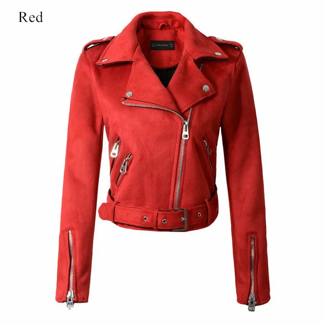 Новое поступление, женские осенне-зимние замшевые Куртки из искусственной кожи, женские модные матовые мотоциклетные пальто, Байкерская верхняя одежда серого, розового, бежевого цвета - Цвет: Красный