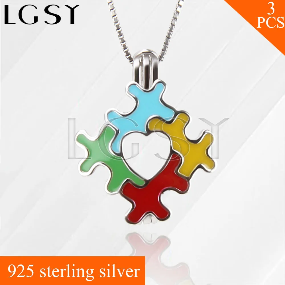 

Infantile autism colorful puzzle design LGSY 925 Sterling Silver Cage Pendants Necklace Pearls Charms 3pcs