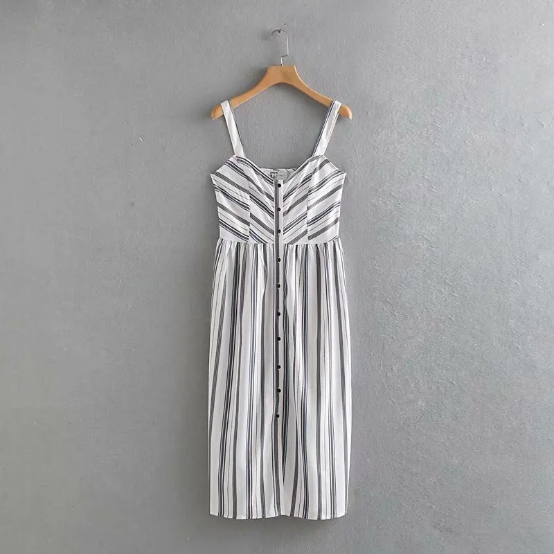 

2019 new women v neck striped print casual sling dress ladies chic single breasted midi vestidos business party dresses DS2304