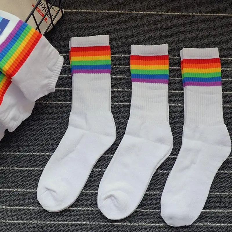 Stripes Men Cotton Socks Rainbow Causal Sport Long Crew Socks Outdoor Running Sport Breathable Skate Men's Ankle Socks