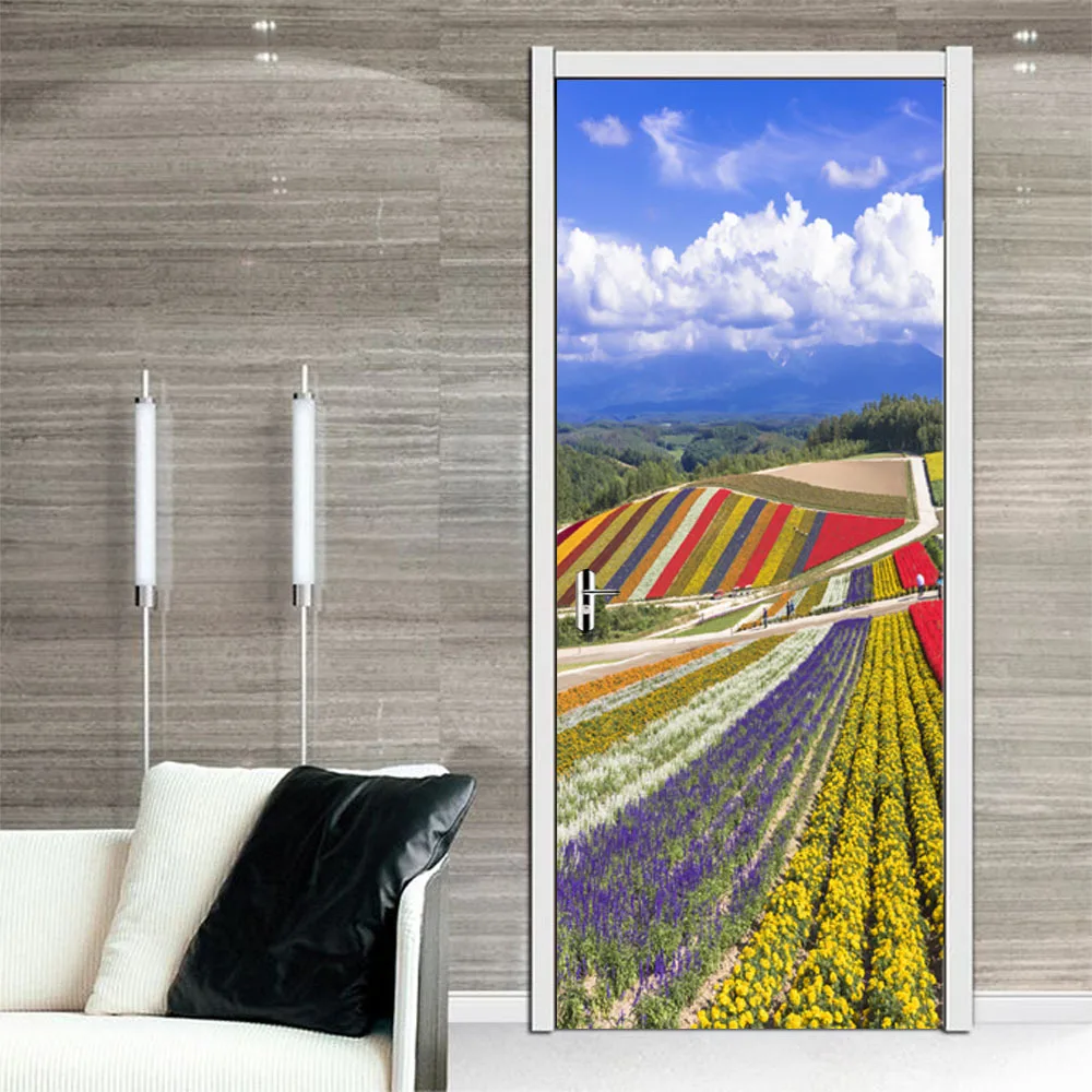 

Beautiful 3D Rainbow Ribbon Terraces Plants Bonsai Flowers Door Stickers For Bedroom Livingroom Door Renovation Mural Poster DIY