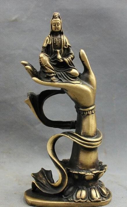 

Chinese Bronze Pot Kwan-yin GuanYin Buddha Goddess On Lotus Buddha Hand Statue