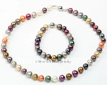 

free shipping Jewelry 7-8MM MULTICOLOR CULTURED FRESHWATER PEARL BEAD NECKLACE & BRACELET STRAND SET