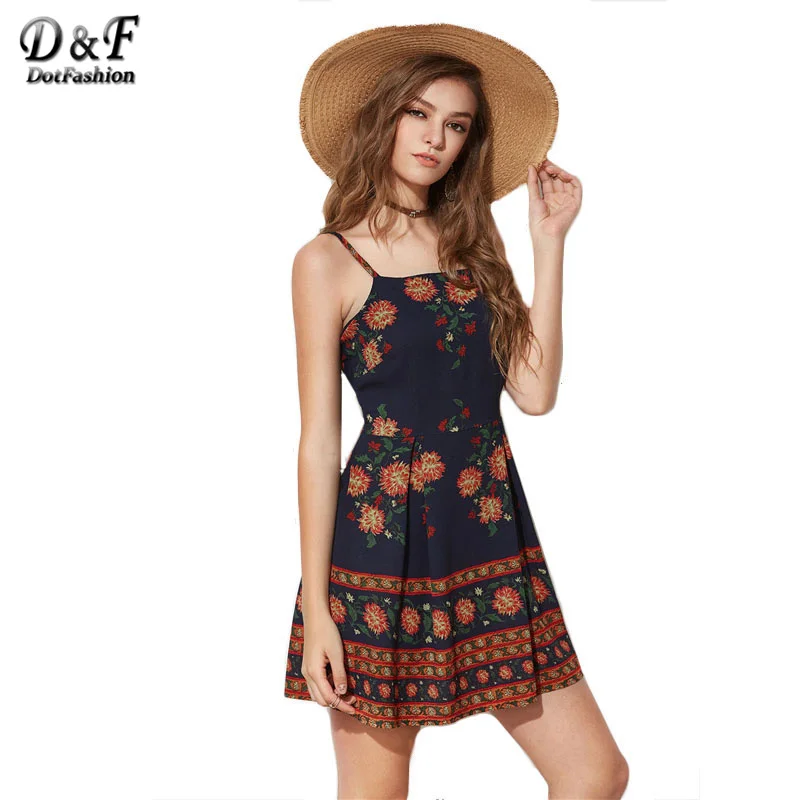 

Dotfashion 2019 Summer Skater Casual Dress Floral Print Slip Cute Dress Women Spaghetti Strap Sleeveless Short Dresses