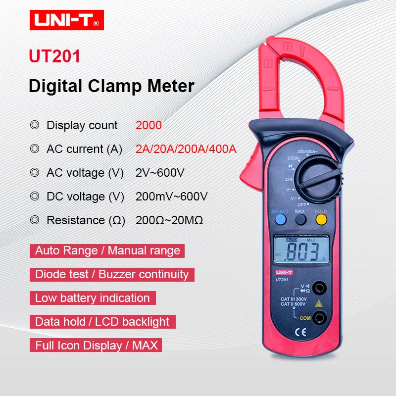 UNI-T UT200 ЖК-цифровой ручной мультиметр-зажим с подсветкой Ом DMM DC вольтметр переменного тока Амперметр переменного тока - Цвет: UT201