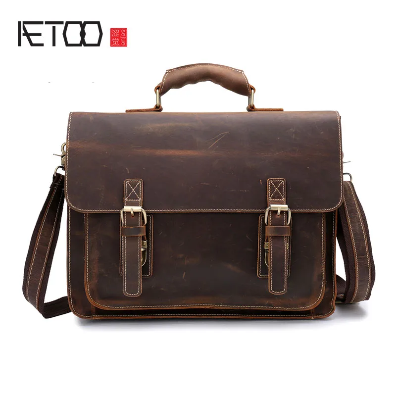 

AETOO European and American hot retro Crazy Horseskin Men's Cross-stitch Bags The first layer of leather Large-capacity Men's Bu