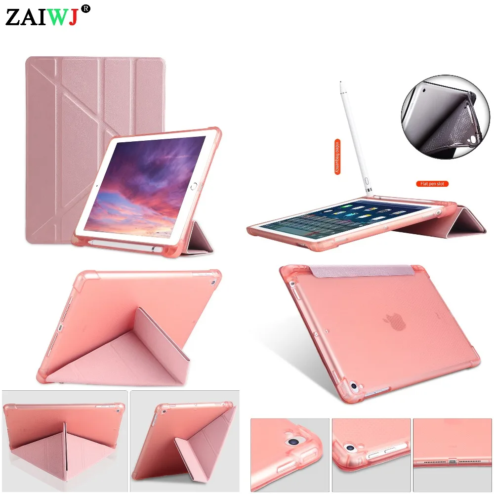 

ZAIWJ Pencil Case with Stand for Apple iPad 9.7 inch A1822 A1893 A1954 Air 1/2 Pro PU Leather Deform Smart Cover Wake Auto Sleep