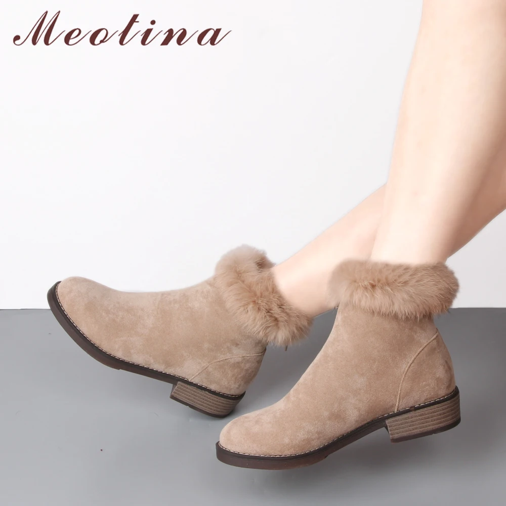 

Meotina Ankle Boots Women Winter Snow Boots Real Rabbit Fur Boots Warm Plush Zipper Low Square Heels Black Plus Size 33-43