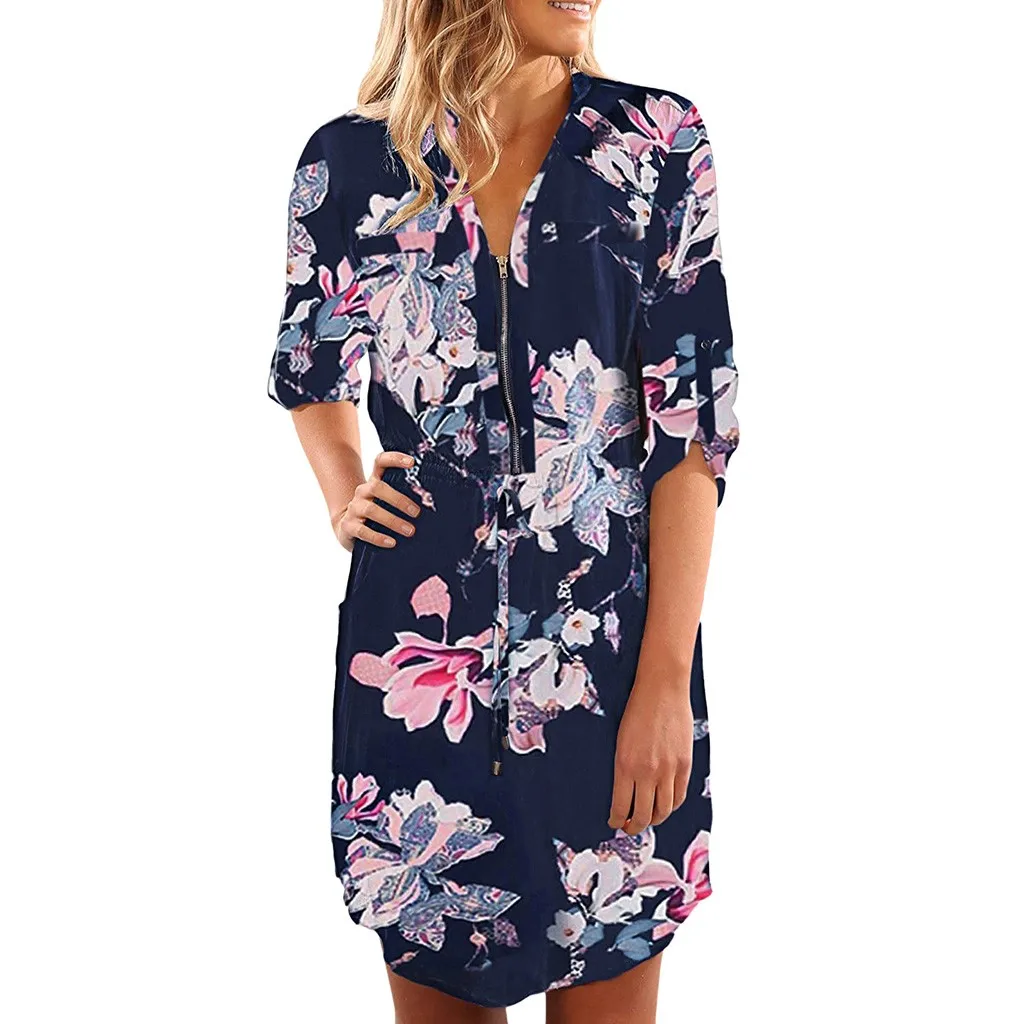 

Summer Dress Women Zipper Vintage Party Night Mini Dress Sexy Flower Printed beach Boho Dresses Elegant Elastic Waist Sundress