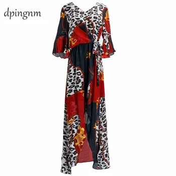 

Simulation silk dress new popular leopard print waist split big pen print long dress