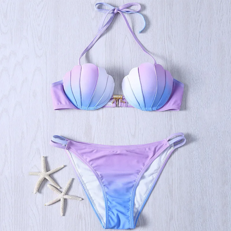 

Sexy Bra Set Shell-shaped Sweet Gradient Color Patchwork Rhinestone Bra Strap Hanging Halter Gathered Underwire Underwear Set