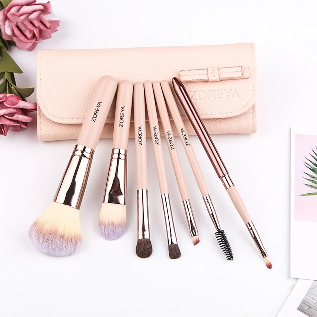 

7 Pcs Fiber Brush Wooden Handle Rod Bow Blush Eye Brush Makeup Set Brush makeup brush holder couro Pinceau de maquillage 04*