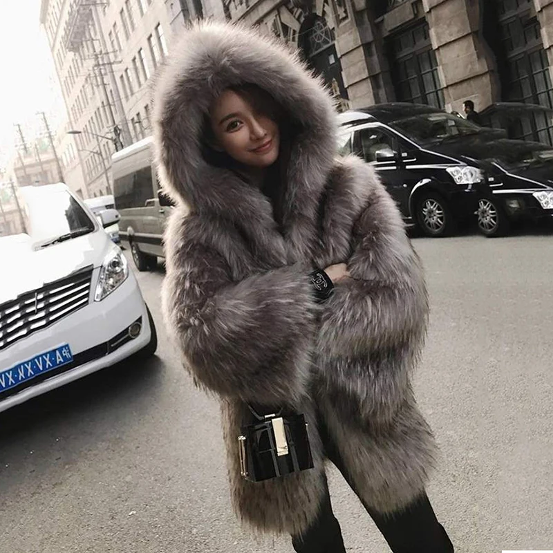 S-3XL размера плюс пальто с капюшоном из искусственного меха Высокое качество теплая Толстая Верхняя одежда куртка с длинным рукавом Роскошные зимние пальто из искусственного меха