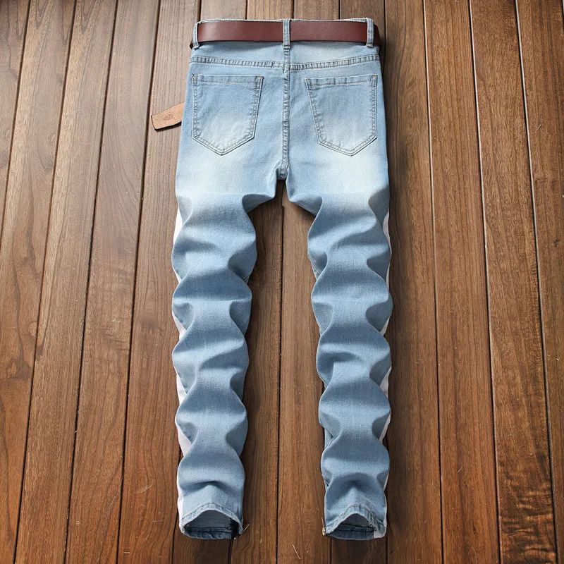2018 Men Stretch jeans side stripe biker jeans denim ripped knee holes slim supper skinny hip hop jeans men