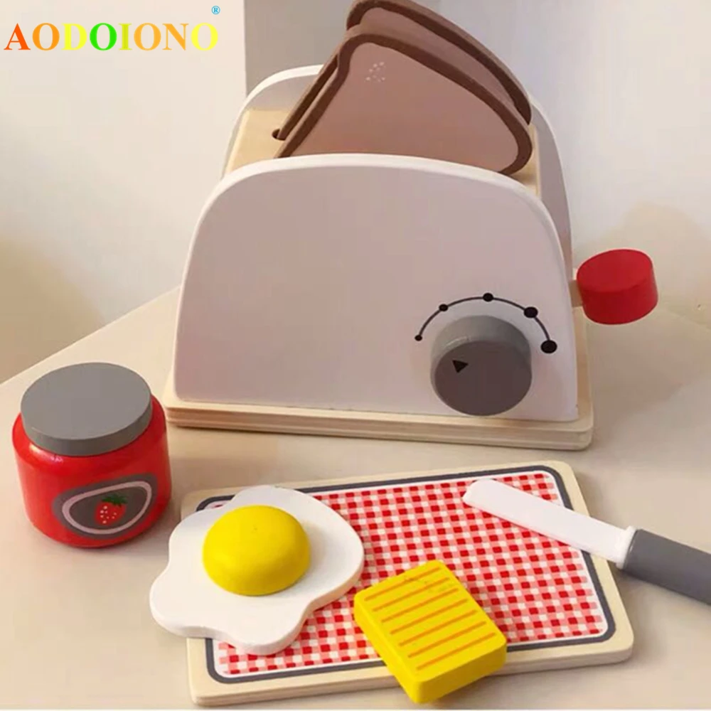 Wood Pretend Play Kitchen Role Play Game Toy Simulation Toasters Bread