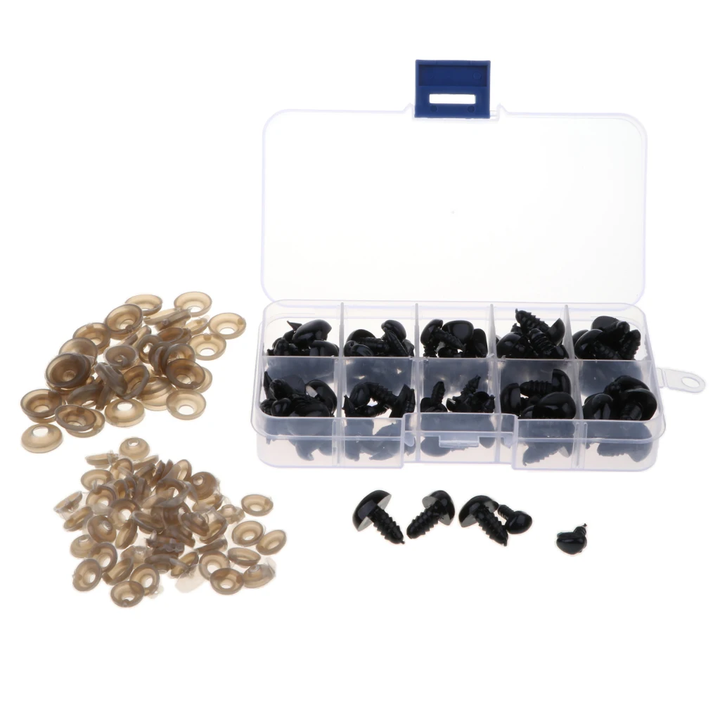 Box of 100 Pieces 7-13mm Plastic Safety Eyes Noses with Washers for Puppet Bear Doll Animal Stuffed Toys DIY Sewing Craft Black