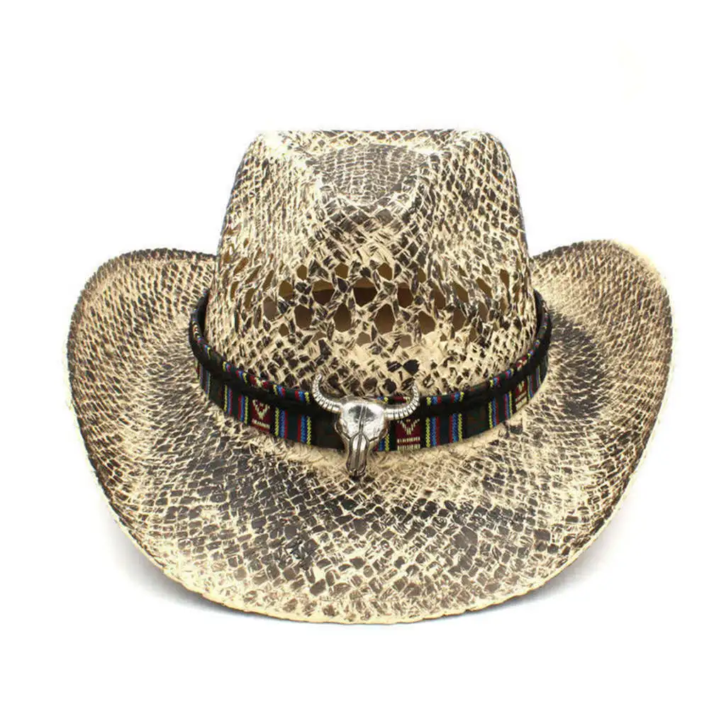 9 Women Men Straw Western Cowboy Hat Handmade Weave Lady Dad Sombrero Hombre Cowgirl Jazz Caps Bohemian Tassel Band Size 56-58CM - Цвет: C7 CAM