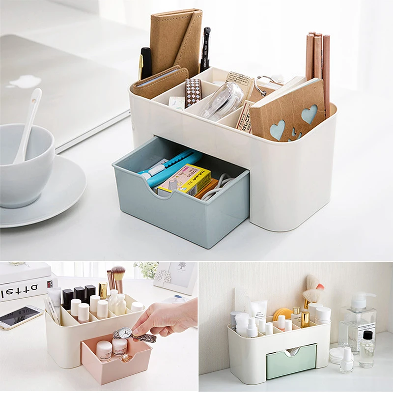  Pink Blue Green Plastic Makeup Organizer Cosmetics Storage Box Container with Drawer TV Item