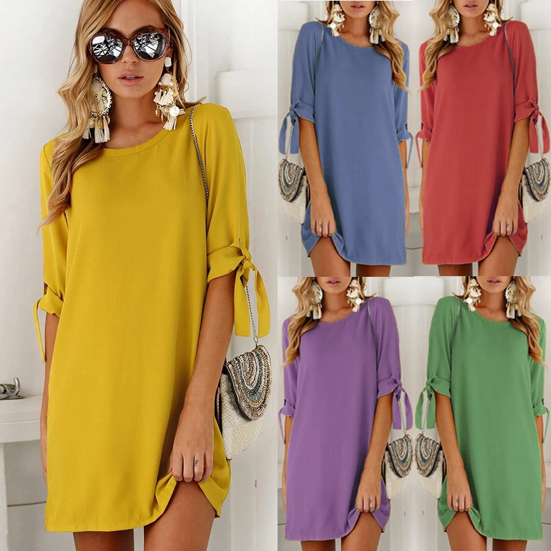 

2019 New Fashion Ladies Casual Summer Mini Dress Party Half Sleeve Bow Yellow Shift Beach Dresses Plus Size 4XL