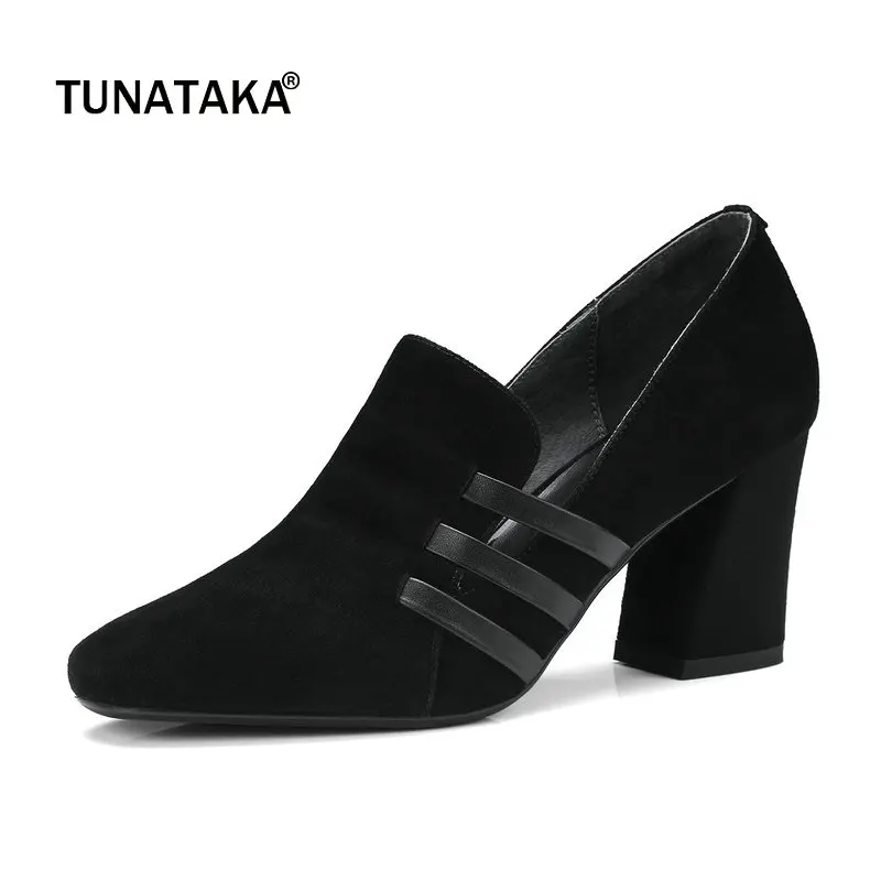 

Suede Comfort Hoof High Heel Slip On Woman Lazy Pumps Fashionb Square Toe Dress High Heel Shoes Woman Black