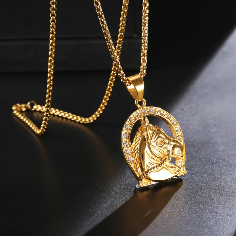 

HIP Hop Full Rhinestone Bling Iced Out Animal Horse Men Pendants Necklaces Gold Color 316L Stainless Steel Rock Jewelry
