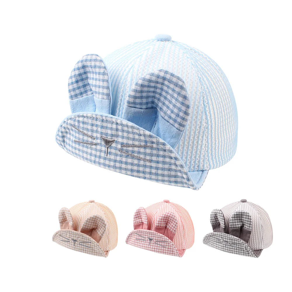 Cartoon Rabbit Baby Cap Mesh Breathable Striped Cotton Toddler Hat With Ear Cute Summer Girl Sun Boy Clothing | Детская одежда и