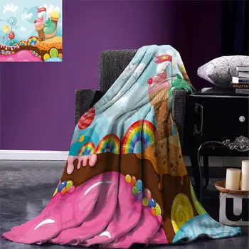 

Christmas Ice Cream Decor Throw Blanket Dessert Land with Rainbow Candies Lollipop Trees Cupcake Mountains Cartoon Microfiber