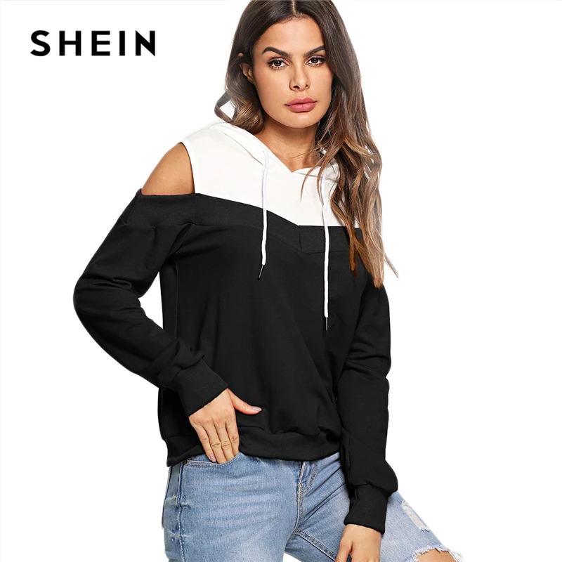 SHEIN Толстовка С Открытыми Плечами И Капюшоном Женская Осенняя Повседневная Толстовка С Длинными Рукавами