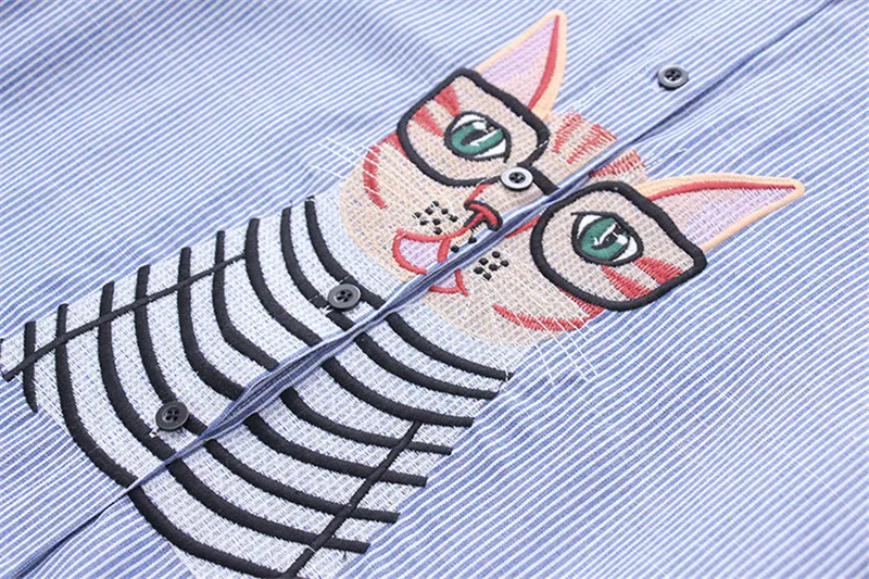 H.SA 2018 New Fashion Women Long-Sleeve Blouses Casual Embroidery Cat Shirts Women Top and Blouses Cotton Long roupa feminina