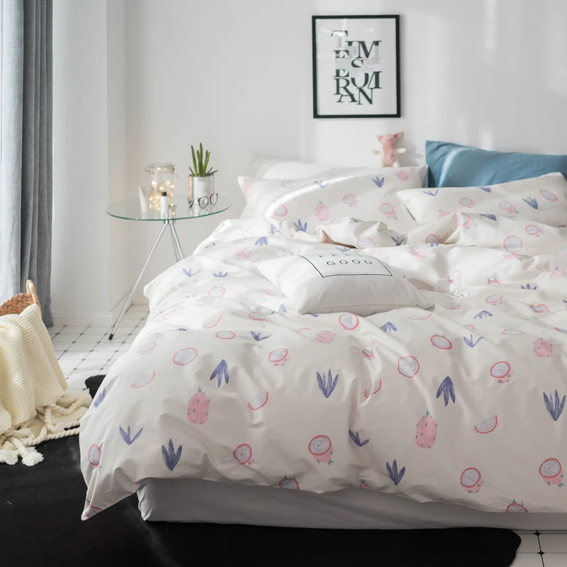 

Pitaya print Simple style bedding set cotton fabric Queen Twin Size duvet cover flat sheet pillowcase