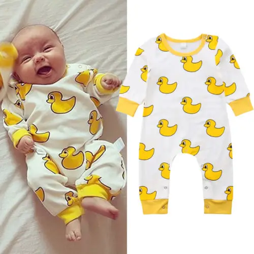 Toddler Yellow Duck Romper Cute Baby Boy Girl Cartoon Long Sleeve