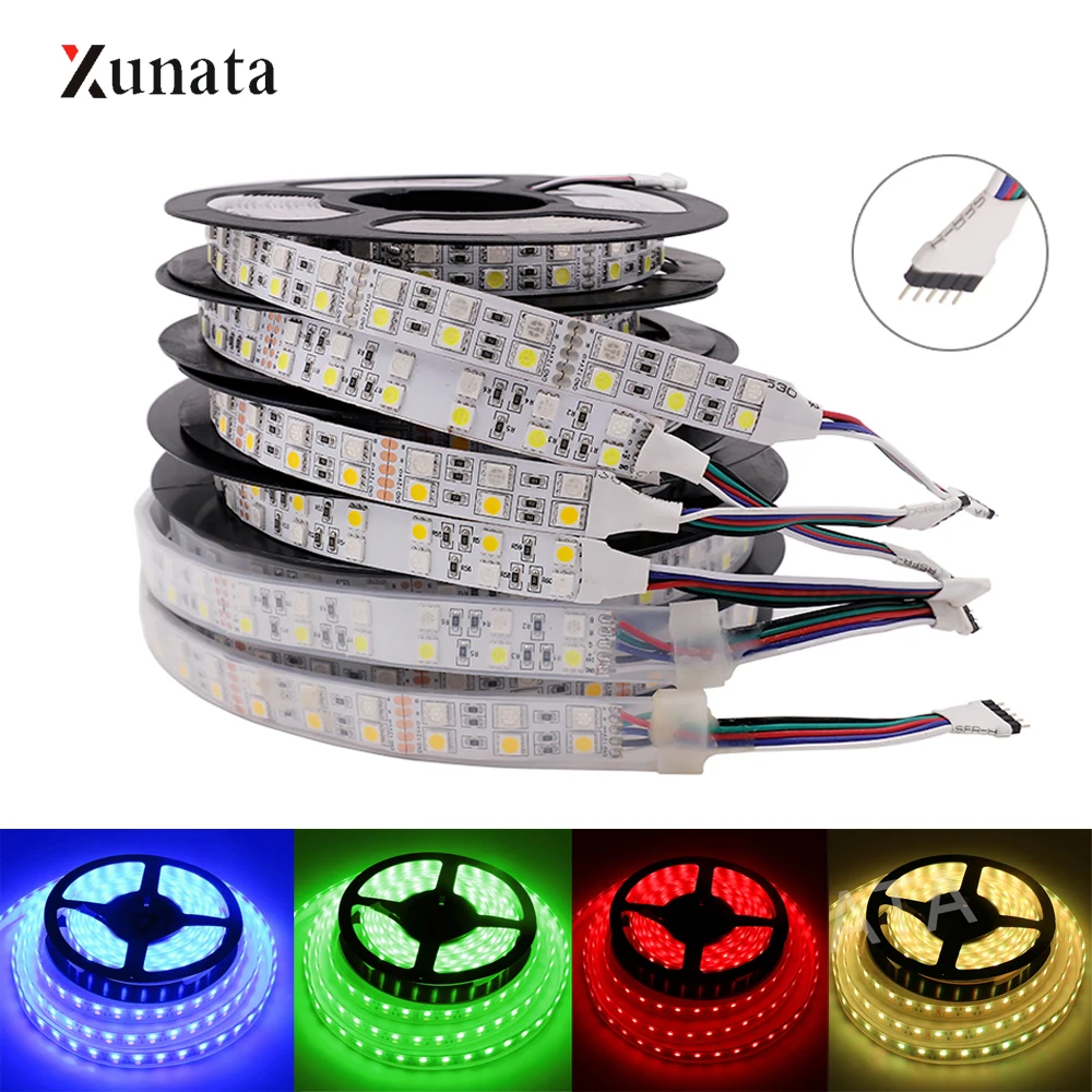 cheap XUNATA 12V 24V 5M 120LEDs M LED Strip SMD5050 Waterproof Double Row RGB White Warm White Flexible LED Ribbon Tape Light Fixture