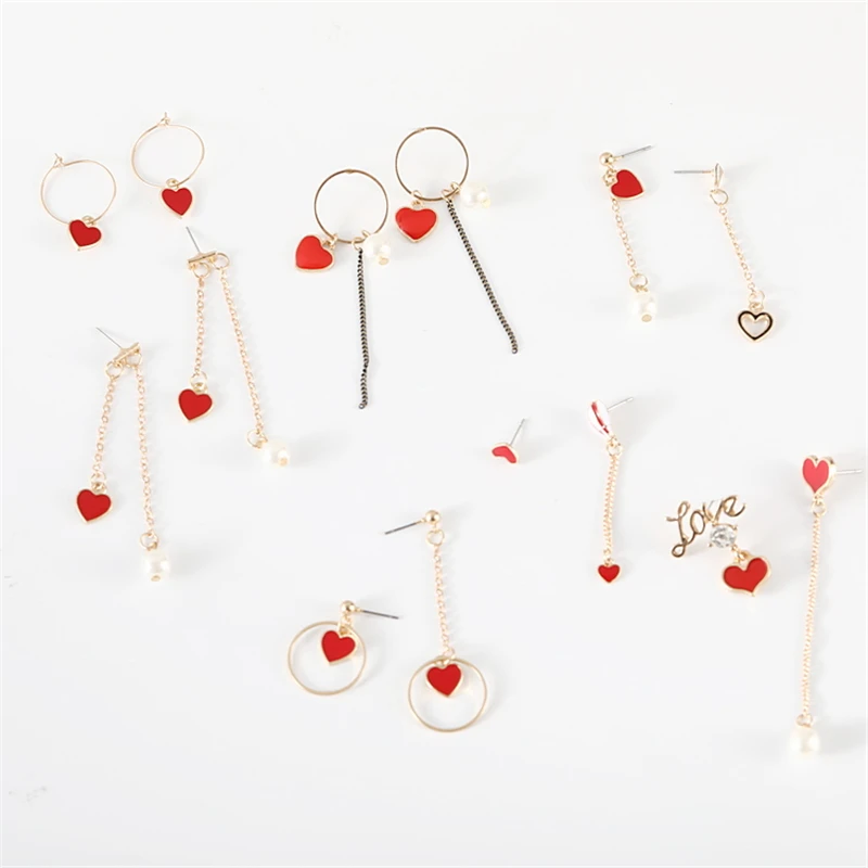 

2018 New Red love heart-shaped Drop earrings Korea asymmetric earrings for women Girl Party Jewelry Gift oorbellen brinco