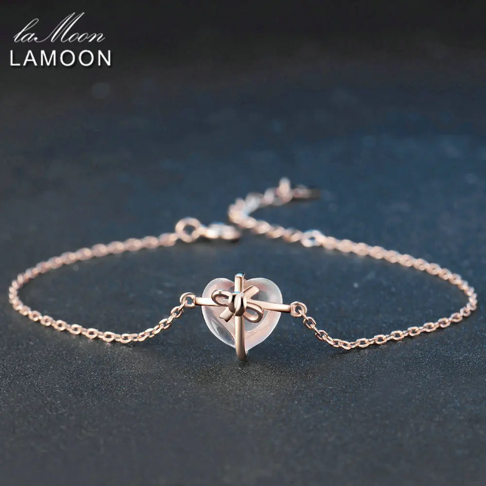 LAMOON Heart 9x10mm 100% Natural Gemstone Rose Quartz 925 Sterling Silver Jewelry S925 Charm Bracelet LMHI047