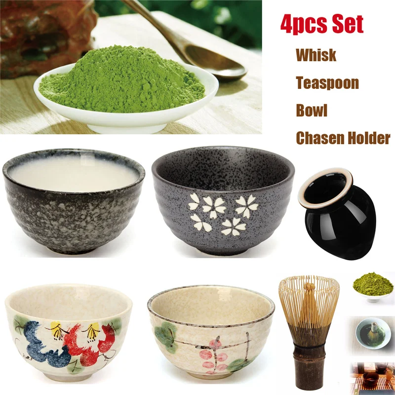 Buy 4 in 1 Tea Ceremony Matcha Ceramic Tea Bowl Bamboo Tea Scoop Matcha Whisk Japanese Teaware Tea Tool 4 Style Matcha Bowl Set
