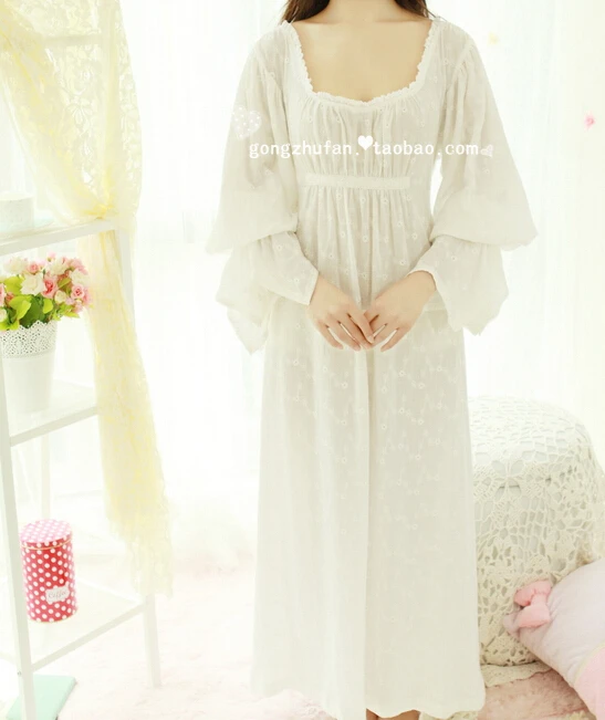 Хлопок, принтованная ночная рубашка, женская ночная рубашка, длинная белая Пижама с вышивкой, ночная рубашка для женщин