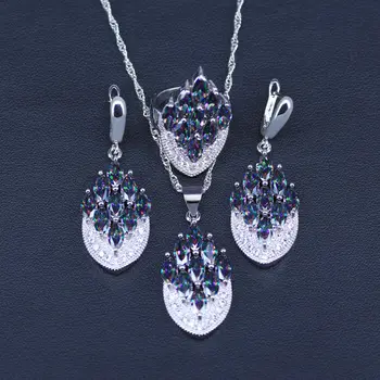 

Silver Color Natural Mystic Rainbow Zircon Stone Jewelry Sets For Women Earrings/Pendant/Ring/Necklace Set